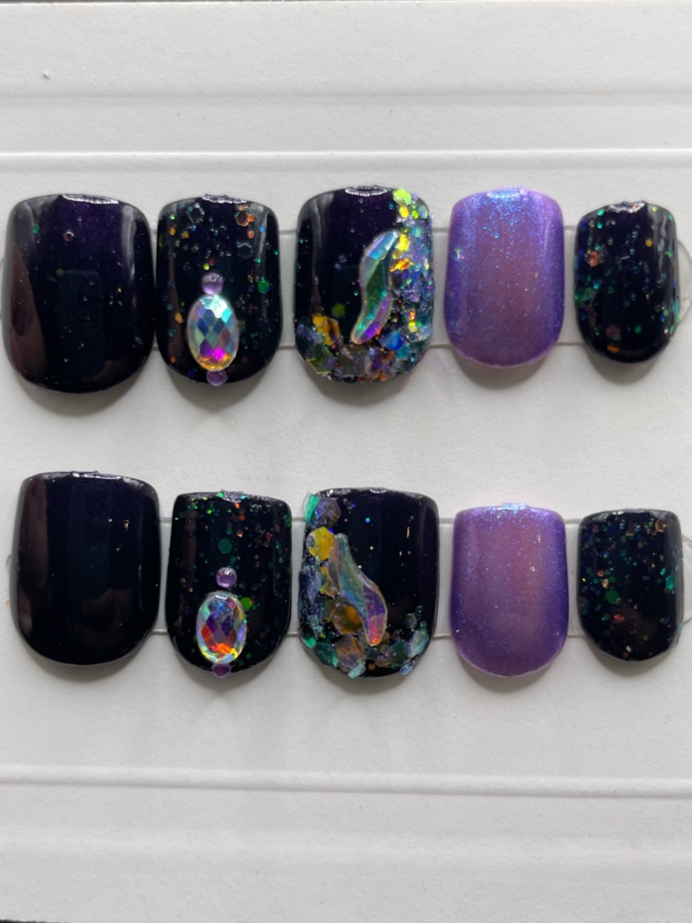 Handcrafted Press-On Nails - Iridescent Black & Purple Gem Accents